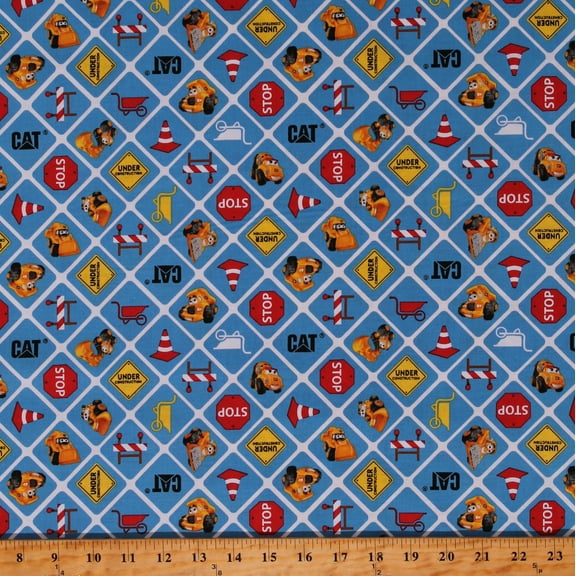 Cotton Cat Construction Equipment Kids Toys Children Stop Signs Cones Transportation Blue Cotton Fabric Print by the Yard (C8102-BLUE)