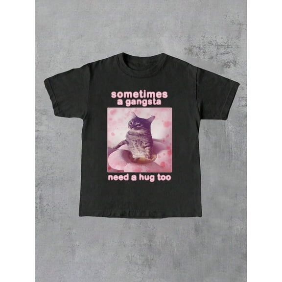 Cotton Cat Hug Graphic Tee T Shirt Top Gangsta Need Hug Sometimes Design Short Sleeve Crew Neck Black S-5XL