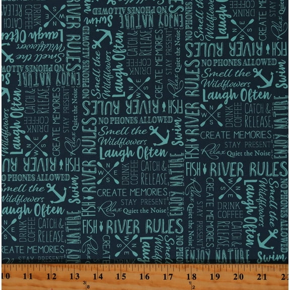 Cotton Catch and Release Fishing Words Scripts Writings Fish River Anchors Water Nature Motivational Phrases Blue Cotton Fabric Print by the Yard (CTR-24910)
