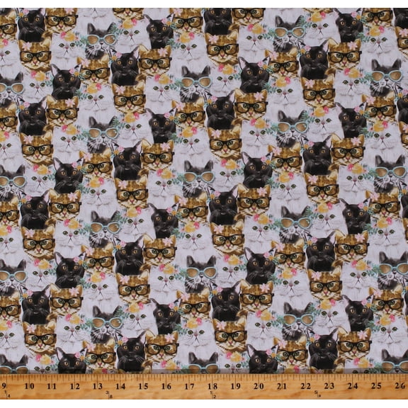 Cotton Cats Kittens Felines Glasses Flowers Everyday is Caturday Multicolor Cotton Fabric Print by the Yard (3WI18040-MLT-CTN-D)