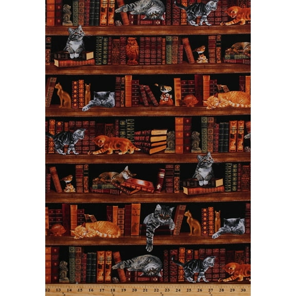 Cotton Cats Kittens Kitties Books Stacks Library Bookshelves Bookcase Bookworm Librarians Reader Animals Birds Owls Figurines Realistic Cats Feline Cotton Fabric Print by the Yard (CAT-C2863)