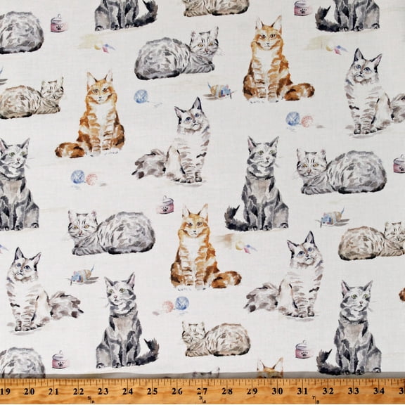 Cotton Cats Kittens Kitties Mice Balls of Yarn Pets Animals on White Feline Good Cotton Fabric Print by the Yard (CX9241-GRAY-D)
