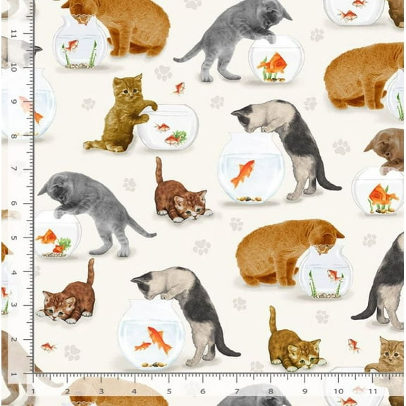 Cotton Cats and Fish Bowl Kittens Goldfish Quirky Cats Timeless Treasures Animals Cream Cotton Fabric Print by the Yard (cat-cd2061-cream)