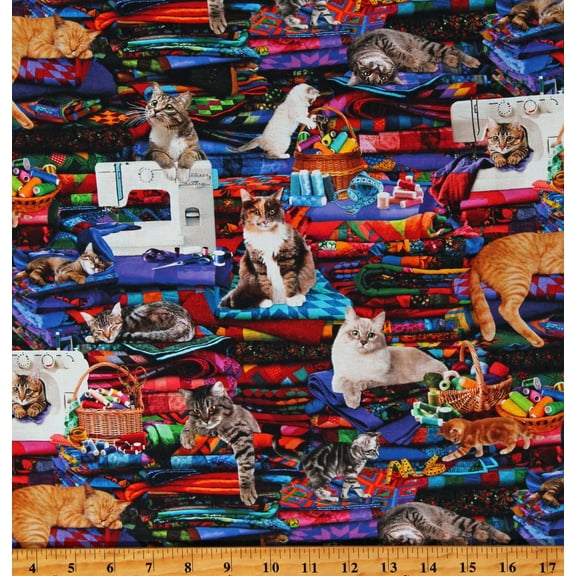 Cotton Cats on Quilts Sewing Machines Seamstress Multicolor Cotton Fabric Print by the Yard (CAT-CD3080-MULTI)