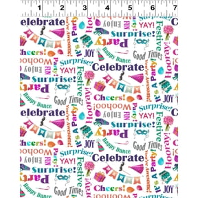 Cotton Celebrate! Words Script Party Parties Surprises Balloons Presents Hats Clothworks White Cotton Fabric Print by the Yard (Y4325-1WHITE)