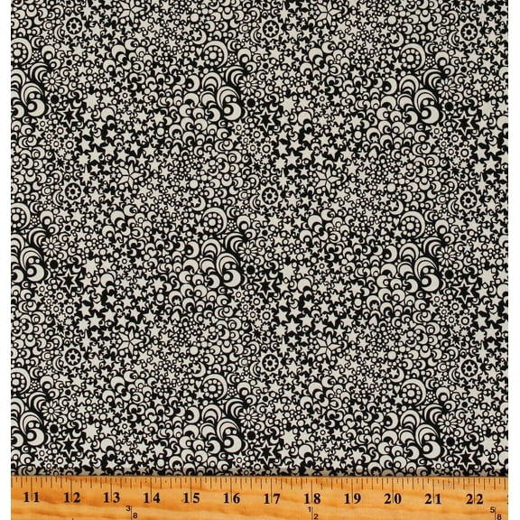 Cotton Celeste Celestial Stars Crescent Full Moons Astronomy Nighttime Sky Outer Space Black Cotton Fabric Print by the Yard (53383-1)