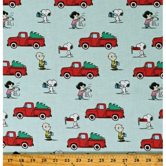 Cotton Charlie Brown Christmas Peanuts Red Truck Christmas Snoopy Kids Characters Mint Green Cotton Fabric Print by the Yard (72402-9130715)