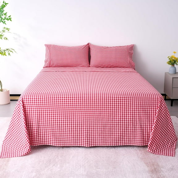 Cotton Checkered Queen Size Sheets Set 3 Piece, Red Gingham Bed Sheet 100% Cotton Luxury, Breathable & Cooling Sheets Queen Size Bed Set Deep Pockets Upto 16" Red & White Plaid Sheets