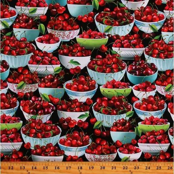 Cotton Cherry Hill Bowls of Cherries Black Cherries Cherry Summer Food Fruit Black Cotton Fabric Print by the Yard (14311-12)