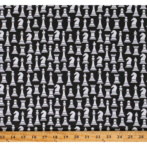 Cotton Chess Pieces Games Kings Queens Horses Checkmate Black Cotton Fabric Print by the Yard (AKO-20830-2-BLACK)