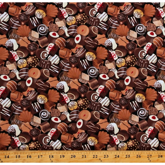 Cotton Chocolate Goodies Assorted Candies Candy Types Kinds Fruit Holidays Desserts Christmas Food Brown Cotton Fabric Print by the Yard (GAIL-C1086)