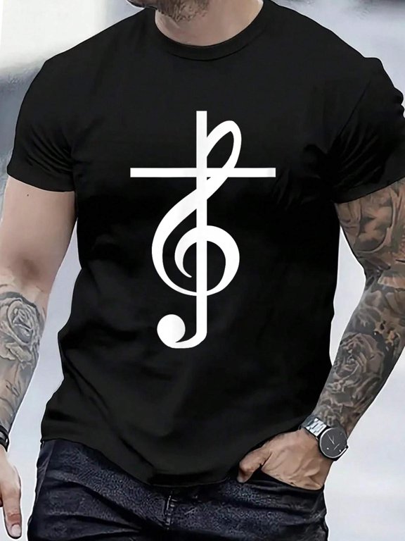 Cotton Christian Music Cross Tee Treble Clef Musical Gift Tshirt T-Shirt Men's Casual Short Sleeve Graphic Tee