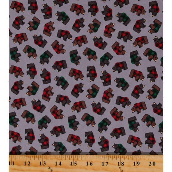 Cotton Christmas Bears Buffalo Plaid Green Red Festive Northwoods Lumber Jack & Jane Gray Cotton Fabric Print by the Yard (52469-6)