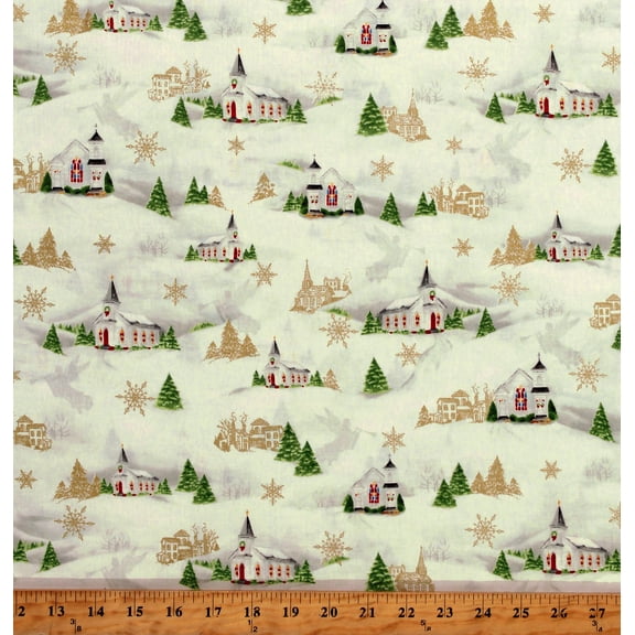 Cotton Christmas Chimes Pine Trees Churches Steeple Snowflakes Snow Winter Holiday Seasonal Angels Ivory Cotton Fabric Print by the Yard (00528-LS)
