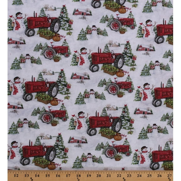 Cotton Christmas Farm Tractors Snowman Yuletide Snow Winter Scene Cotton Fabric Print by the Yard (74494-G550715)