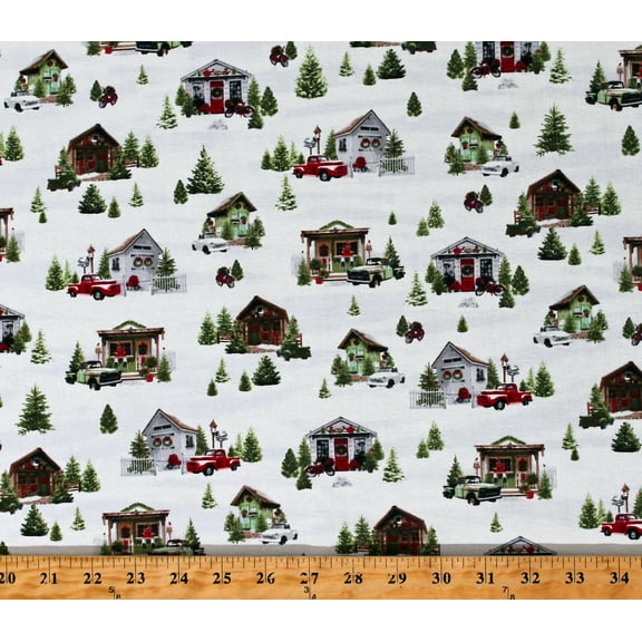 Cotton Christmas Houses Homes Winter Scenes Trees Trucks Holiday Happy Place White Cotton Fabric Print by the Yard (289-86)