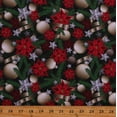thumbnail image 1 of Cotton Christmas Poinsettias Flowers Christmas Tree Winter Holiday Stars Ornaments Decoration Ribbon Red Green Cotton Fabric Print by the Yard (122167), 1 of 1