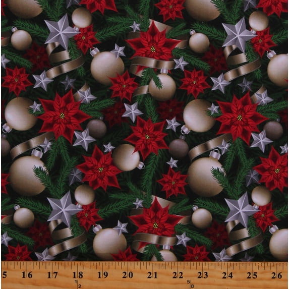 Cotton Christmas Poinsettias Flowers Christmas Tree Winter Holiday Stars Ornaments Decoration Ribbon Red Green Cotton Fabric Print by the Yard (122167)