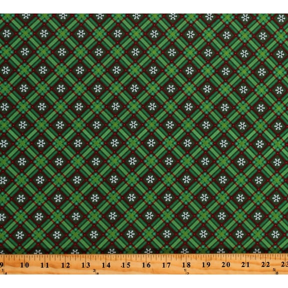 Cotton Christmas Snowflakes Red and Green Plaid on Green Holidays Winter Wonder Cotton Fabric Print by the Yard (C12067-GREEN)