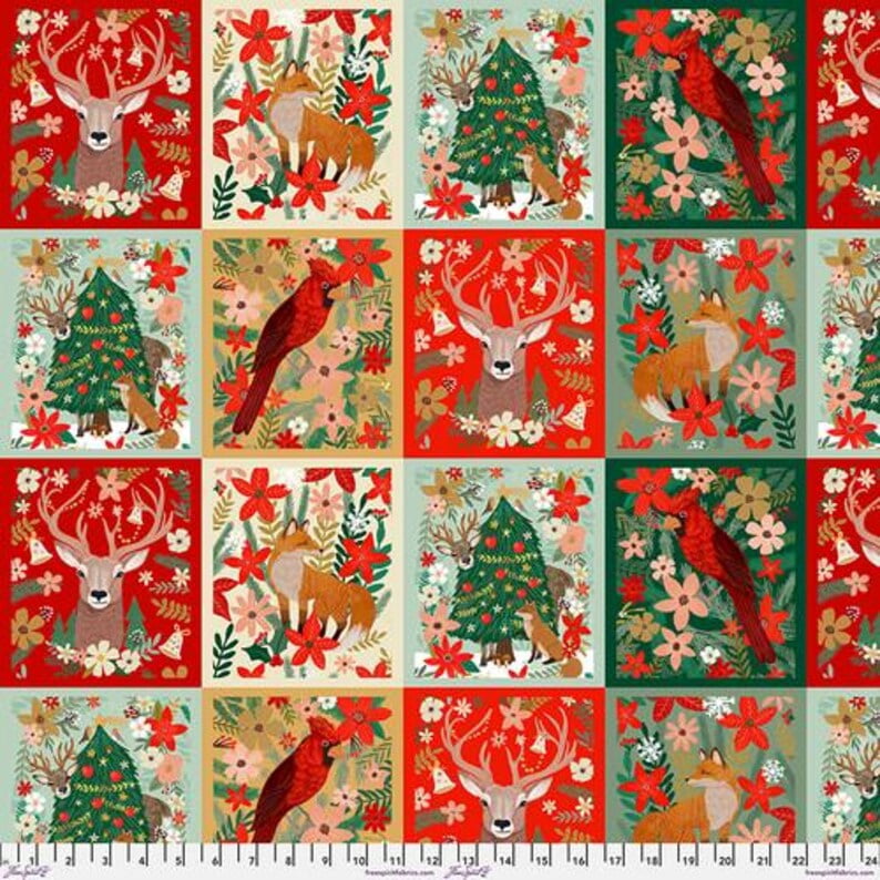 Cotton Christmas Spirit Foxes Deer Cardinals Woodland Animals Birds Trees Flowers Free Spirit Multicolor Cotton Fabric Print by the Yard (PWMC069)