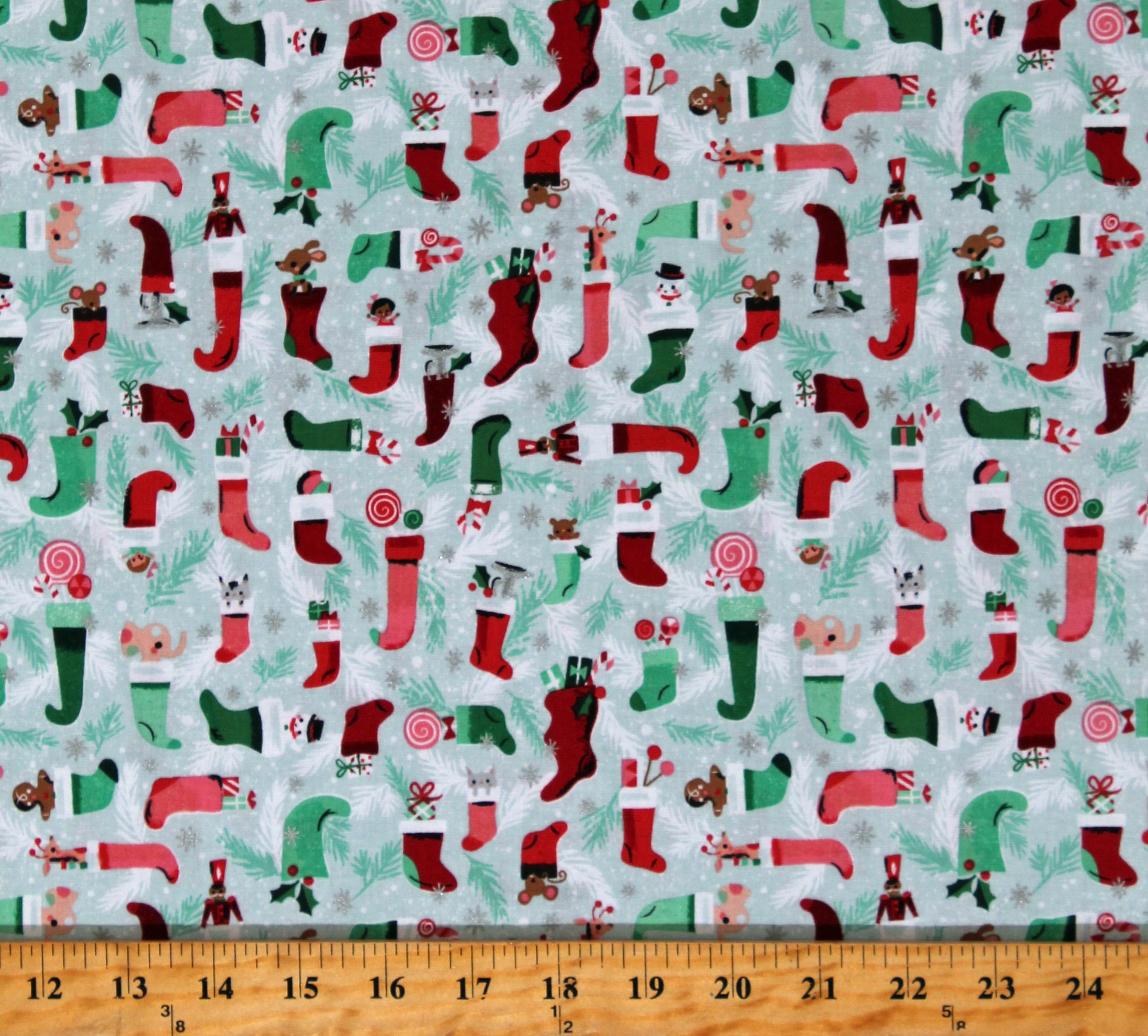 Cotton Christmas Stockings Holiday Winter Twas Stockings Were Hung Frost Silver Metallic on Mint Cotton Fabric Print by the Yard (SC13463-FROST)