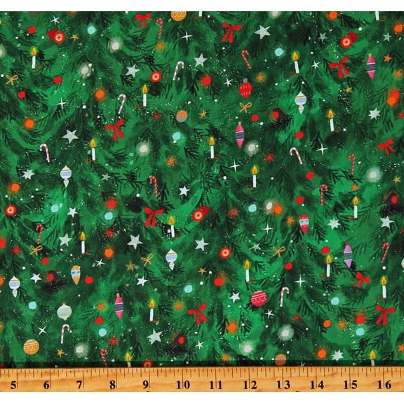 Cotton Christmas Tree Branches Ornaments Holidays Winter Jingle Pals Green Cotton Fabric Print by the Yard (AKFD-22602-224EVERGREEN)