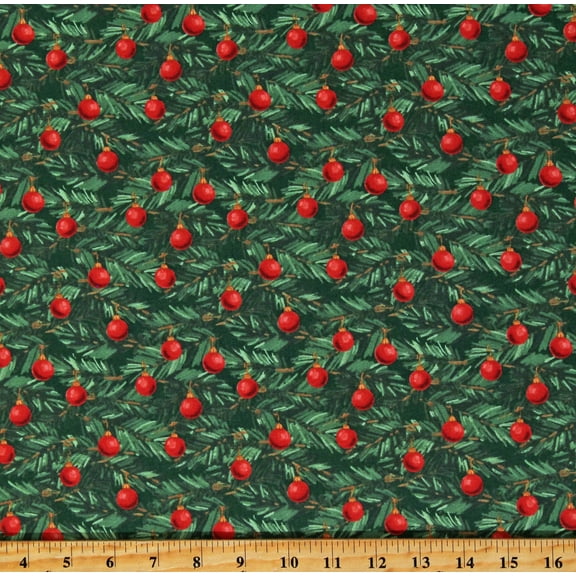Cotton Christmas Tree Branches Red Ornaments Decorations Christmas Wishes Green Cotton Fabric Print by the Yard (C15044-GREEN)