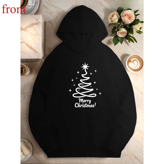 Cotton Christmas Tree Sweatshirt Tops Swirling Design Merry Christmas Lettering Pocket Hooded long-sleeved Black S-2XL