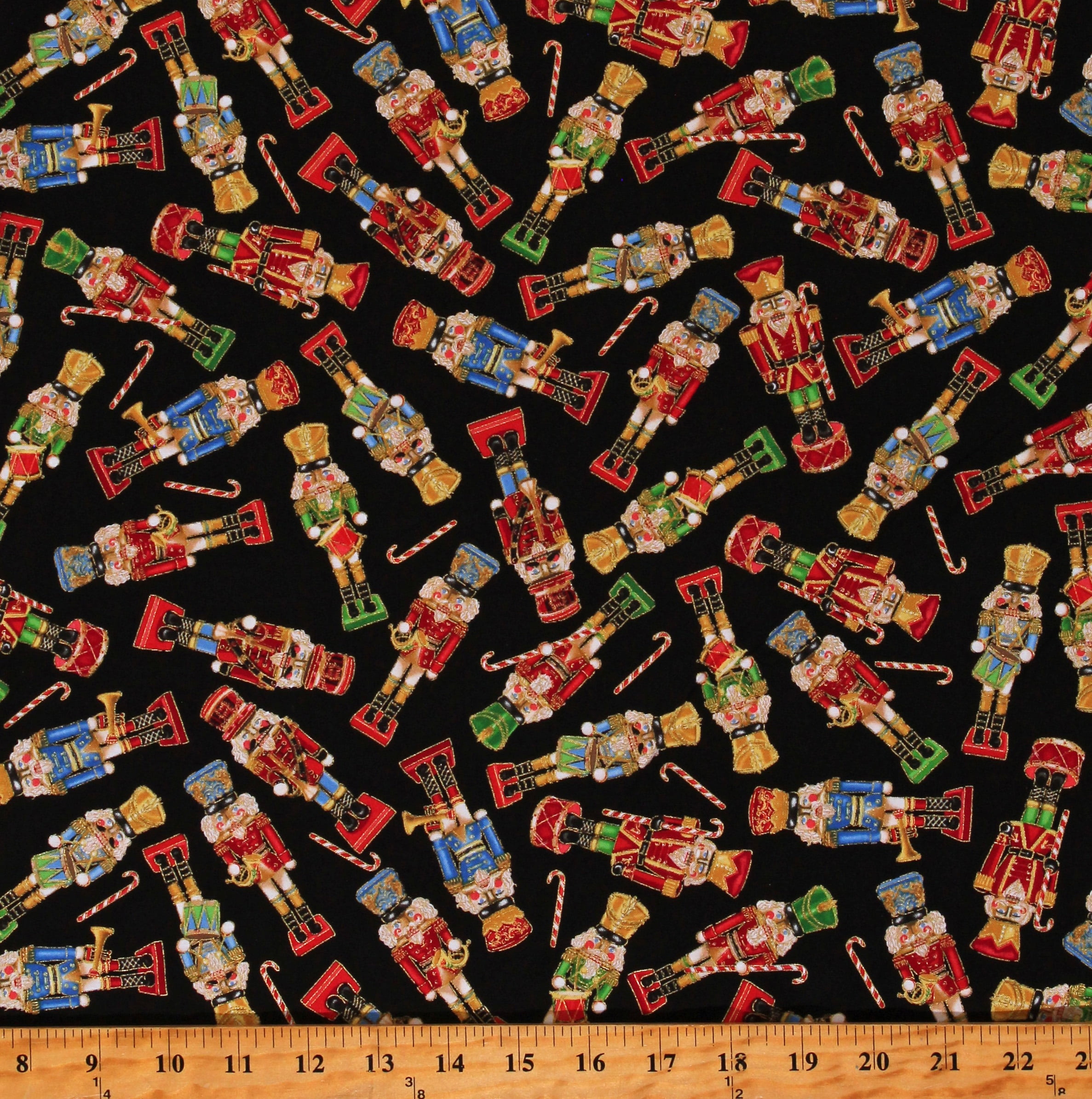 Cotton Christmas Winter Seasonal Holiday Nutcrackers Figurines Candy Canes Drums Black Cotton Fabric Print by the Yard (HOLIDAY-CM2057-BLACK)
