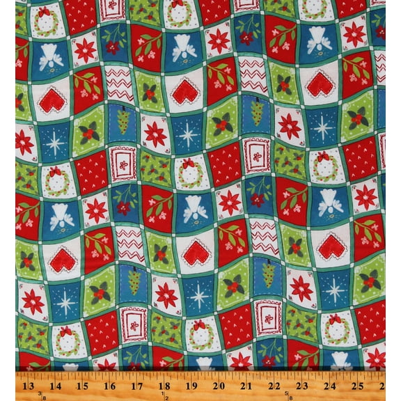 Cotton Christmas Wonder Tossed Presents Wreaths Angels Quilted Look White Cotton Fabric Print by the Yard (25322-62)