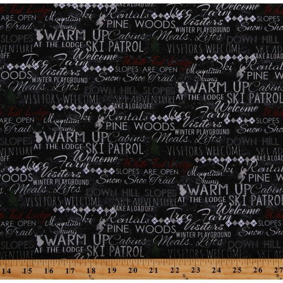Cotton Christmas Words Sayings Winter Holiday Skiing Lodge Winter Playground Cotton Fabric Print by the Yard (Y2767-3BLACK)
