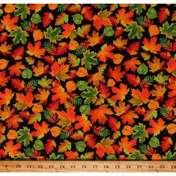 Cotton Cider House Autumn Leaves Leaf Plants Trees Color Oak Landscape Seasonal Black Cotton Fabric Print by the Yard (14622-12)