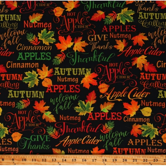 Cotton Cider House Autumn Leaves Words Writings Scripts Leaf Seasonal Black Cotton Fabric Print by the Yard (14617-12)