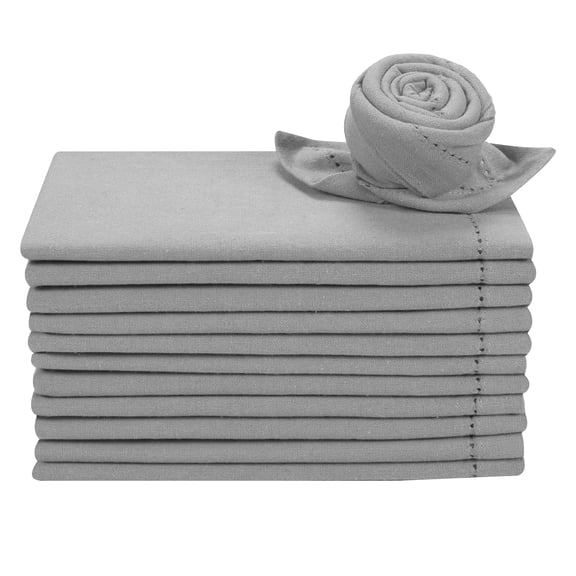Homebia Designs Cotton Dinner Napkins Set of 12, Hemstitched 18x18 Inch, Soft Washable Reusable Cloth Napkins for Dining, Weddings, Parties - Ash Grey