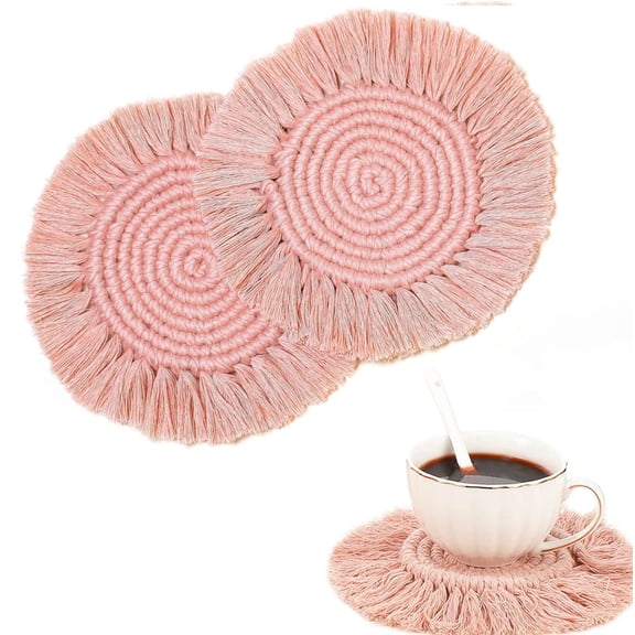 Cotton Coasters for Drinks Set of 2,Handmade Absorbent Coaster with Tassel,Round Cotton Rope Woven Coasters, Cup Mat for Home, Office, Bar, Housewarming Gift(Pink)