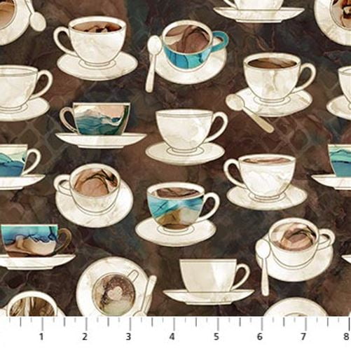 Cotton Coffee Cups and Saucers Brown Barista Northcott Cotton Fabric Print by the Yard (dp27698-36)