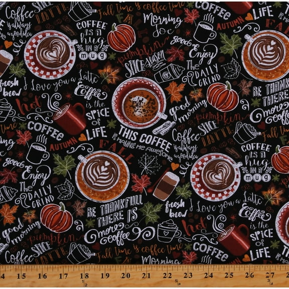 Cotton Coffee Drinks Words Sayings Pumpkin Spice Lattes Fall Autumn Thanksgiving Cafe Beverages on Black Cotton Fabric Print by the Yard (GAIL-C7034-PSL)