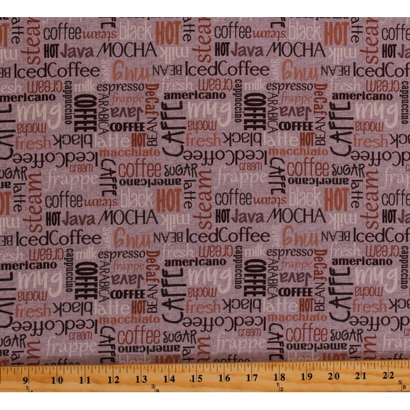 Cotton Coffee Words Iced Steam Latte Caffe Cappuccino Beverages Food Brown Cotton Fabric Print by the Yard (116263)