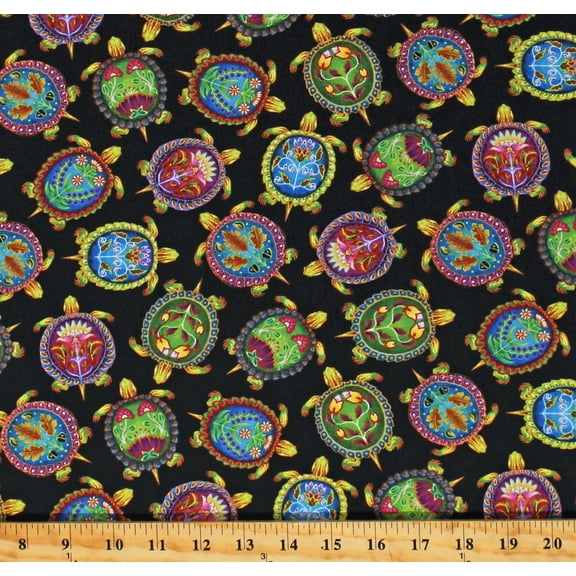 Cotton Colorful Turtles Designs Shells Painted Animals Reptiles Indigenous Turtles Black Cotton Fabric Print by the Yard (31000BLACK)