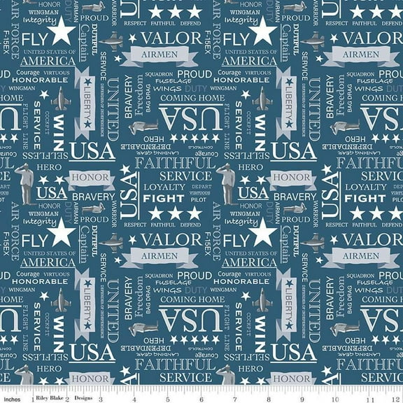 Cotton Coming Home Riley Blake Blue Military Air Force Airmen Service Wingman USA Cotton Fabric Print by the Yard (C14428-Denim)