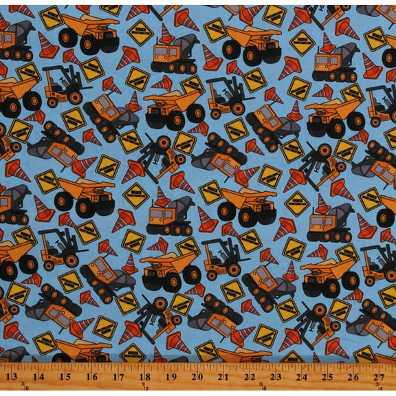 Cotton Construction Machines Trucks Vehicles Traffic Cones Signs Kids Blue Cotton Fabric Print by the Yard (116278)