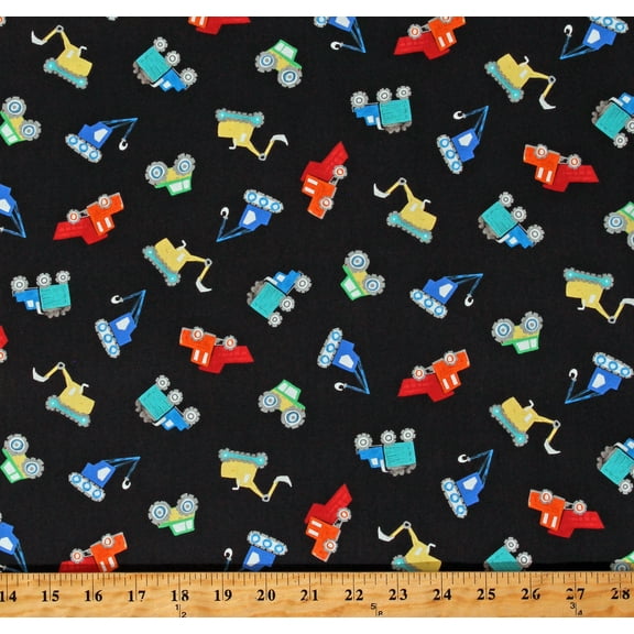 Cotton Construction Vehicles Dump Trucks Cranes Bulldozers Tossed Diggers and Dumpers Kids Black Cotton Fabric Print by the Yard (CX9409-BLAC-D)
