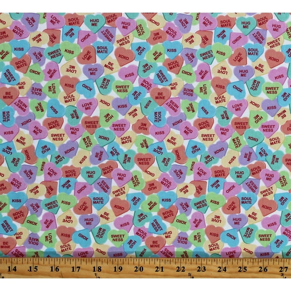 Cotton Conversation Hearts Candy Candies Sweets Sweethearts Valentine's Day Multi-Color on White Cotton Fabric Print by the Yard (120615)