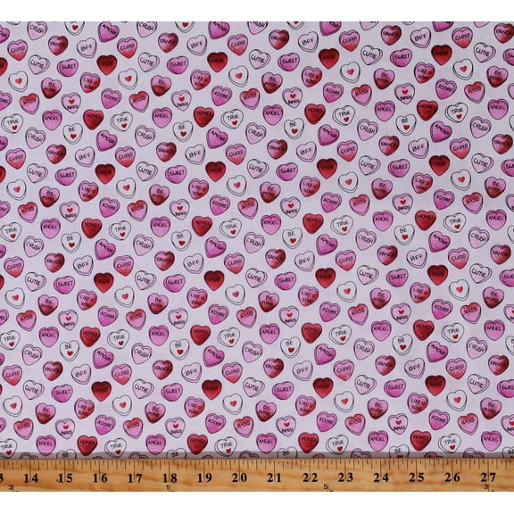Cotton Conversation Hearts Candy Hearts Candies Valentine's Day Love Pink and Red on White Cotton Fabric Print by the Yard (19136035)