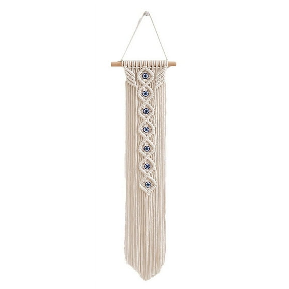 Cotton Cord Macrame Woven Tassel Wall Hanging with Resin Evil Eyes Boho style Hanging Ornament with Wood Sticks for Home Decoration Floral White 650x200mm