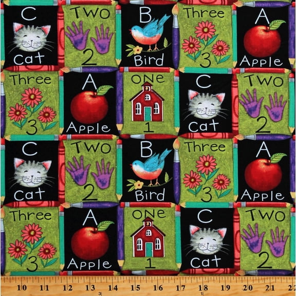 Cotton Counting Learning ABC One Two Three Kids Children's Black Cotton Fabric Print by the Yard (60914-A620310)