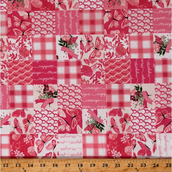 Cotton Courage Faith Support Hope Flowers Plaid Patterned Butterflies Words Breast Cancer Bloom Pink Cotton Fabric Print by the Yard (CH11027)