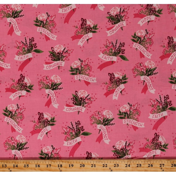 Cotton Courage Faith Support Hope Flowers Words Breast Cancer Hope in Bloom Pink Cotton Fabric Print by the Yard (C11020)