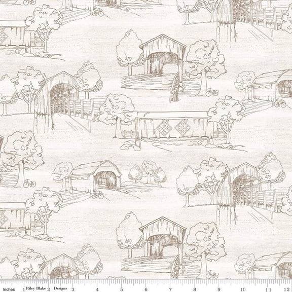 Cotton Covered Bridges in Spring Trees Art Sketches Riley Blake White Cotton Fabric Print by the Yard (C15821-WHITE)
