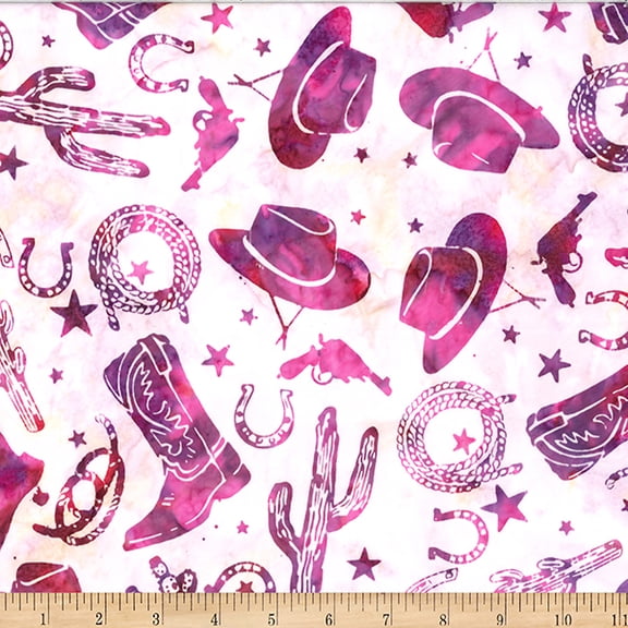 Cotton Cowgirl Dreams Bali Batiks Wild West Boots Hats Horseshoes Hoffman California Fabrics Pink Fabric Print by Yard (W2600-245VICTORIA)